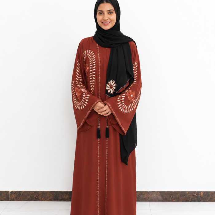 Rust Brown Floral Embroidered & Nug-Work Abaya