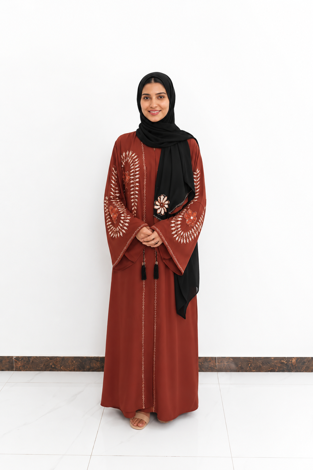 Rust Brown Floral Embroidered & Nug-Work Abaya