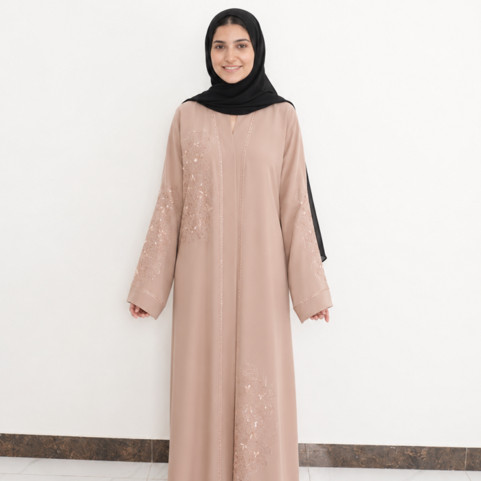 Beige Floral Embroidered & Stone-Embellished Abaya