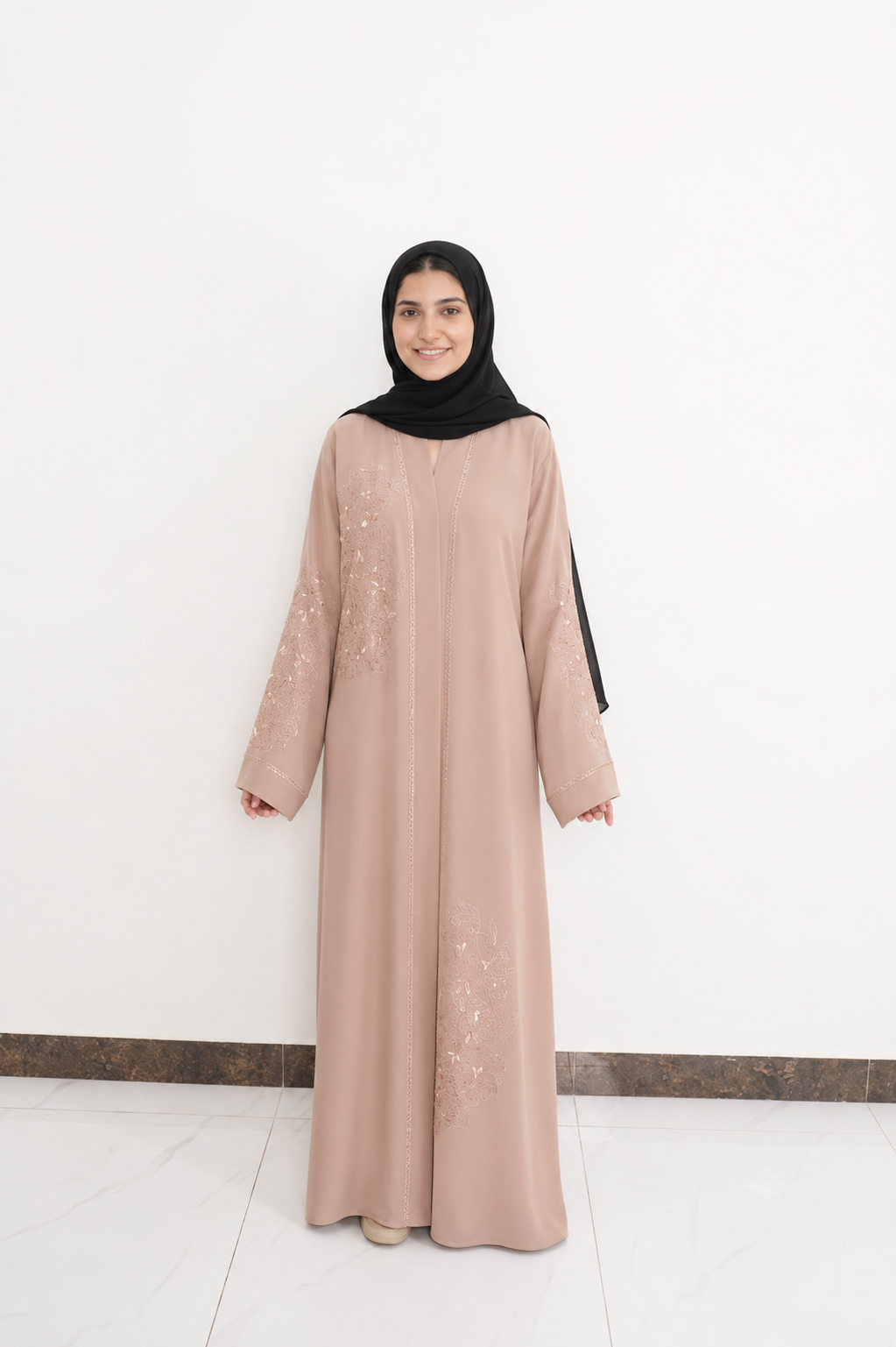 Beige Floral Embroidered & Stone-Embellished Abaya