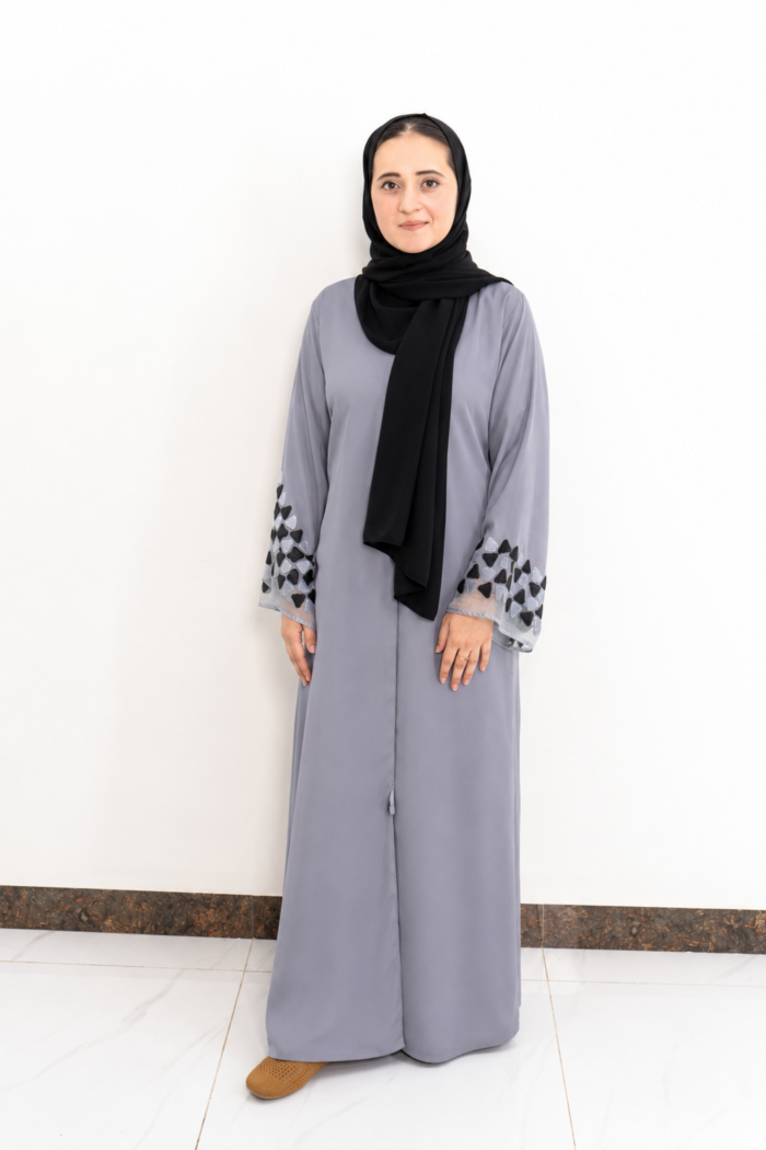 Grey Geometric Embellished Cuff Abaya