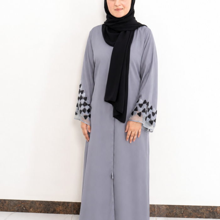 Grey Geometric Embellished Cuff Abaya