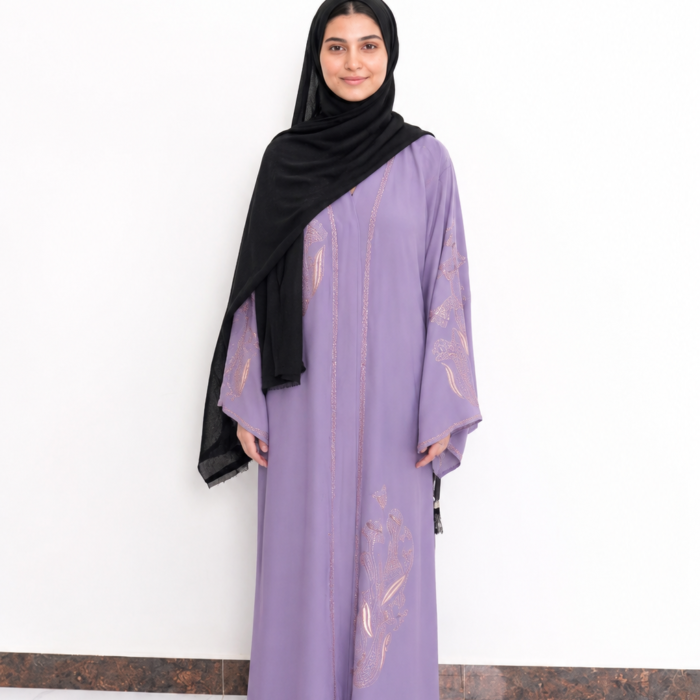 Lavender Floral Stone-Embellished Open Abaya