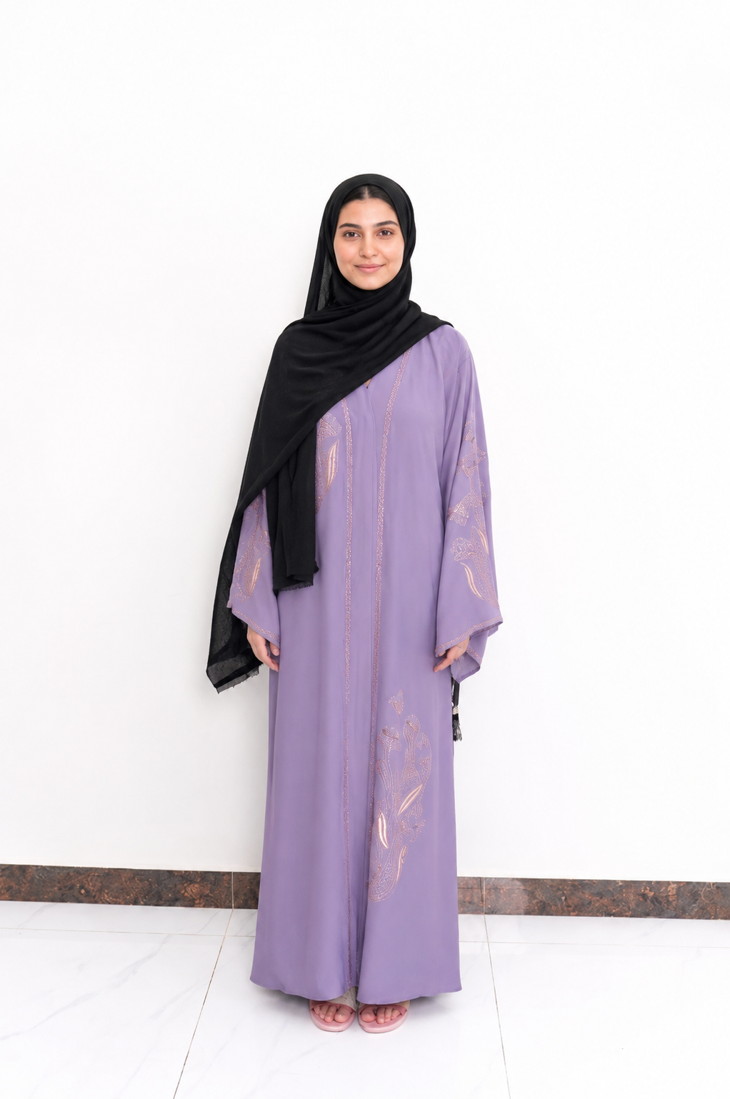 Lavender Floral Stone-Embellished Open Abaya