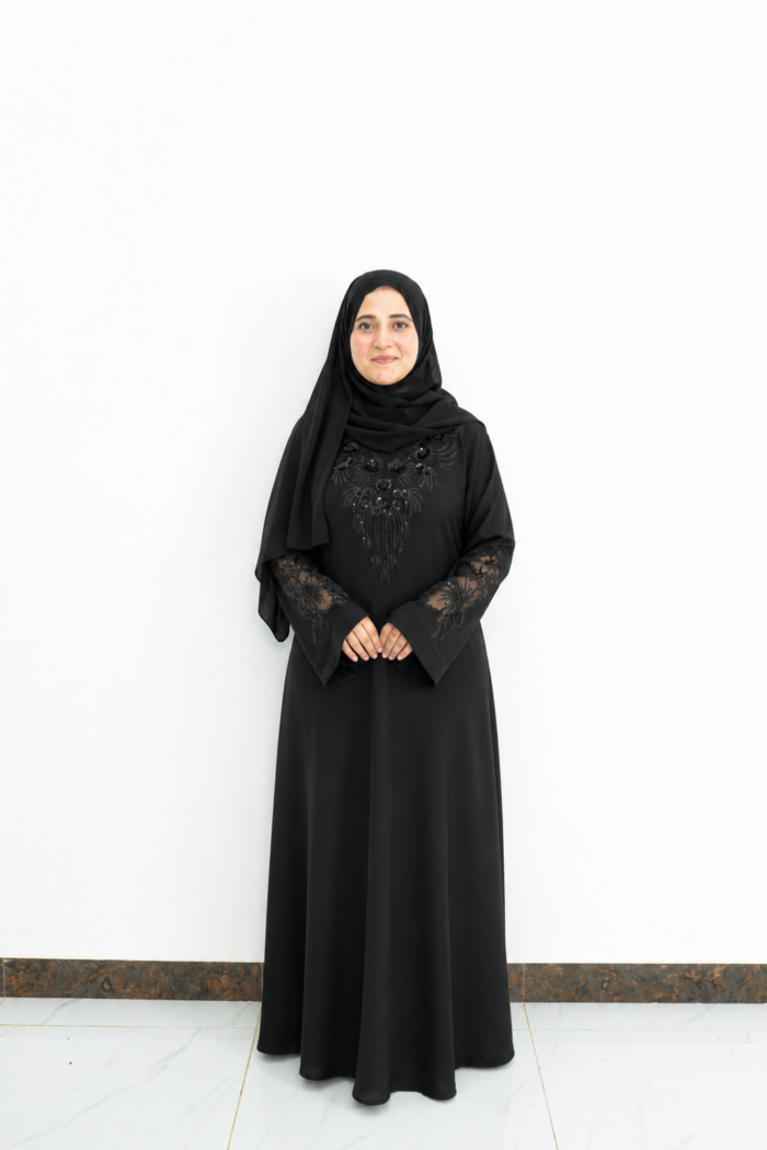 Black Sequin Floral Lace-Inset Abaya