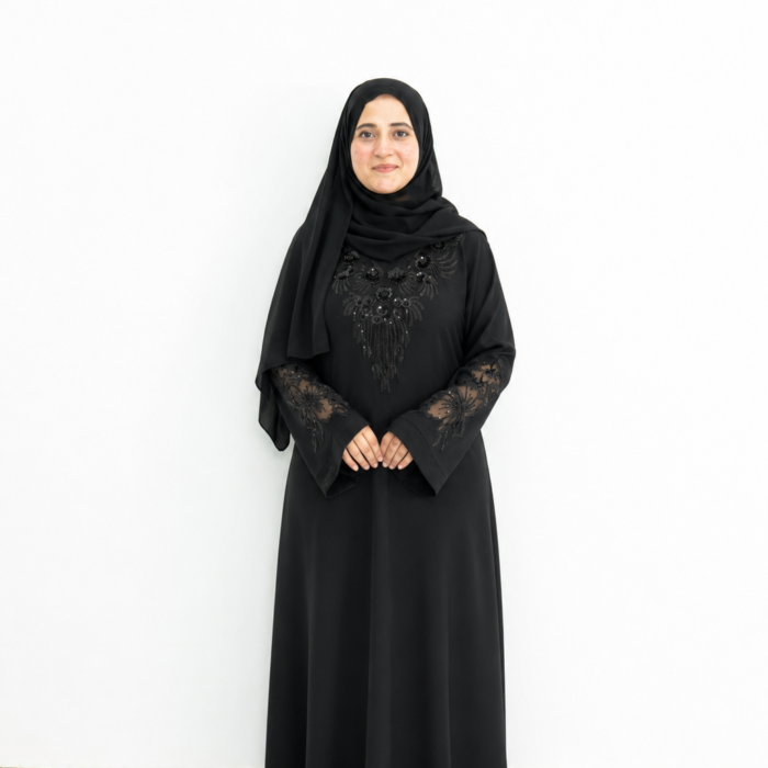Black Sequin Floral Lace-Inset Abaya