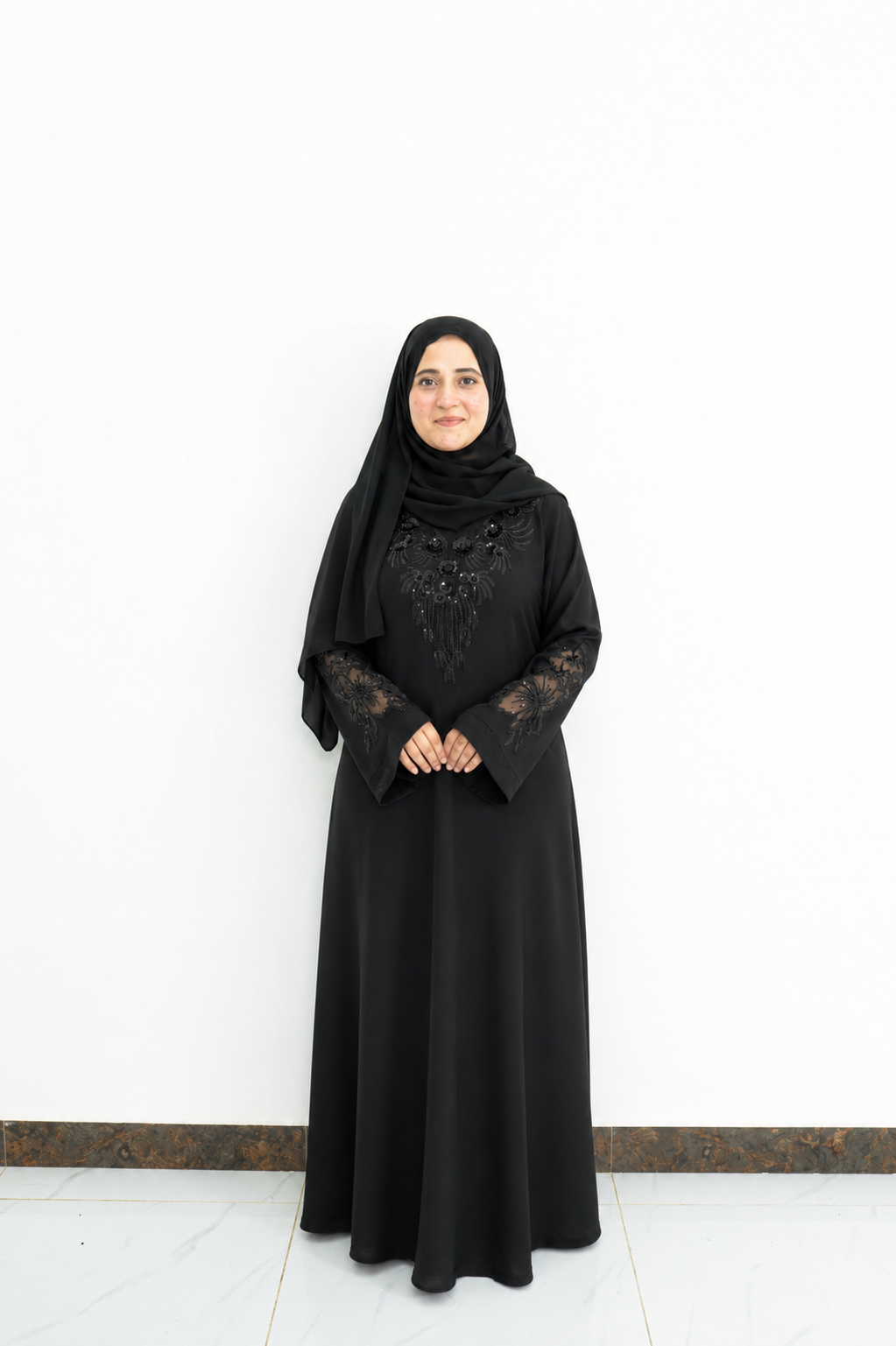 Black Sequin Floral Lace-Inset Abaya