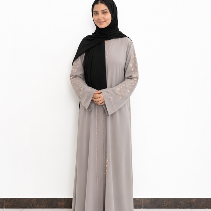 Grey Floral Embroidered & Stone-Studded Abaya