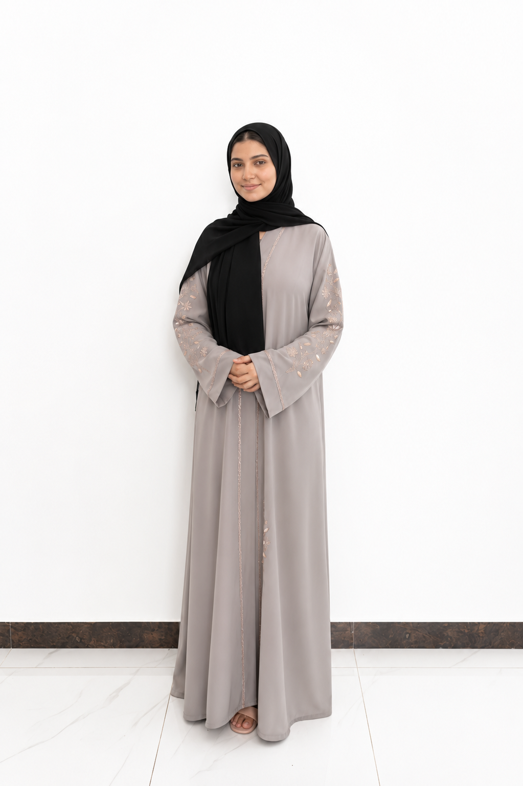 Grey Floral Embroidered & Stone-Studded Abaya