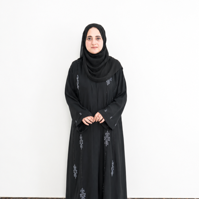Black Floral Bead Trimmed Open Abaya