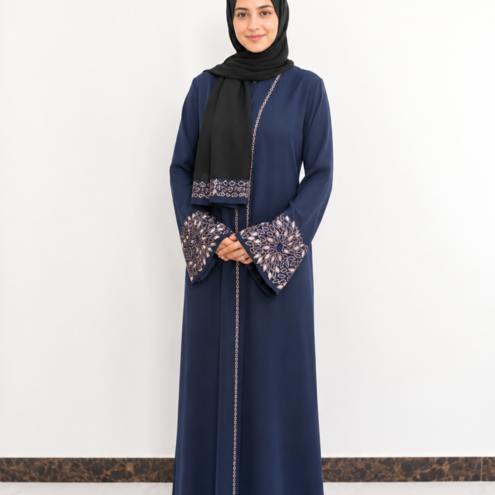 Navy Blue Embroidered Floral Abaya