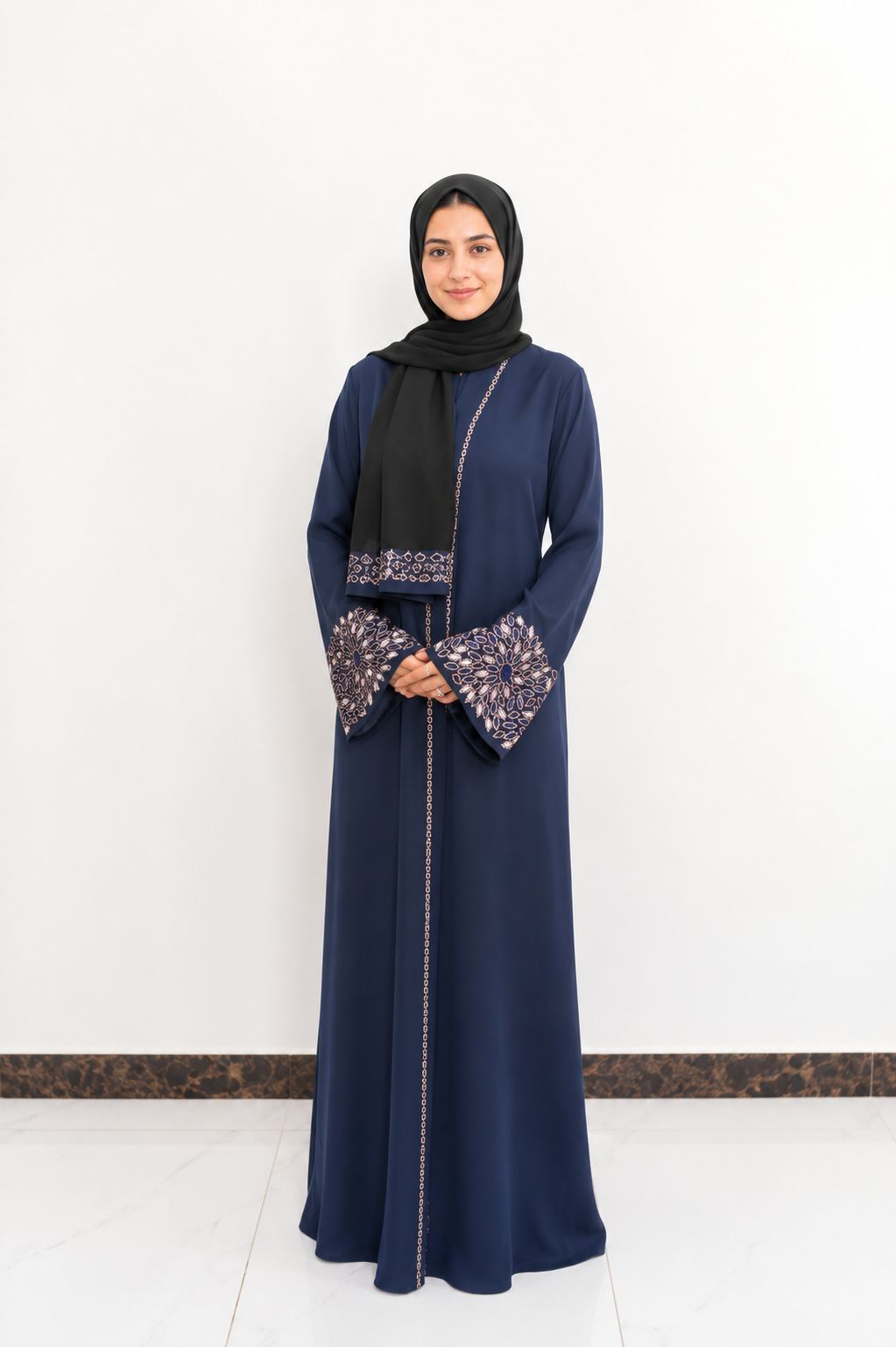 Navy Blue Embroidered Floral Abaya