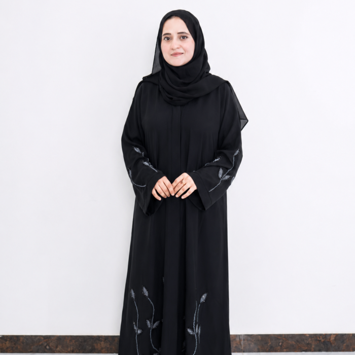 Black Vine-Embellished Minimalist Abaya