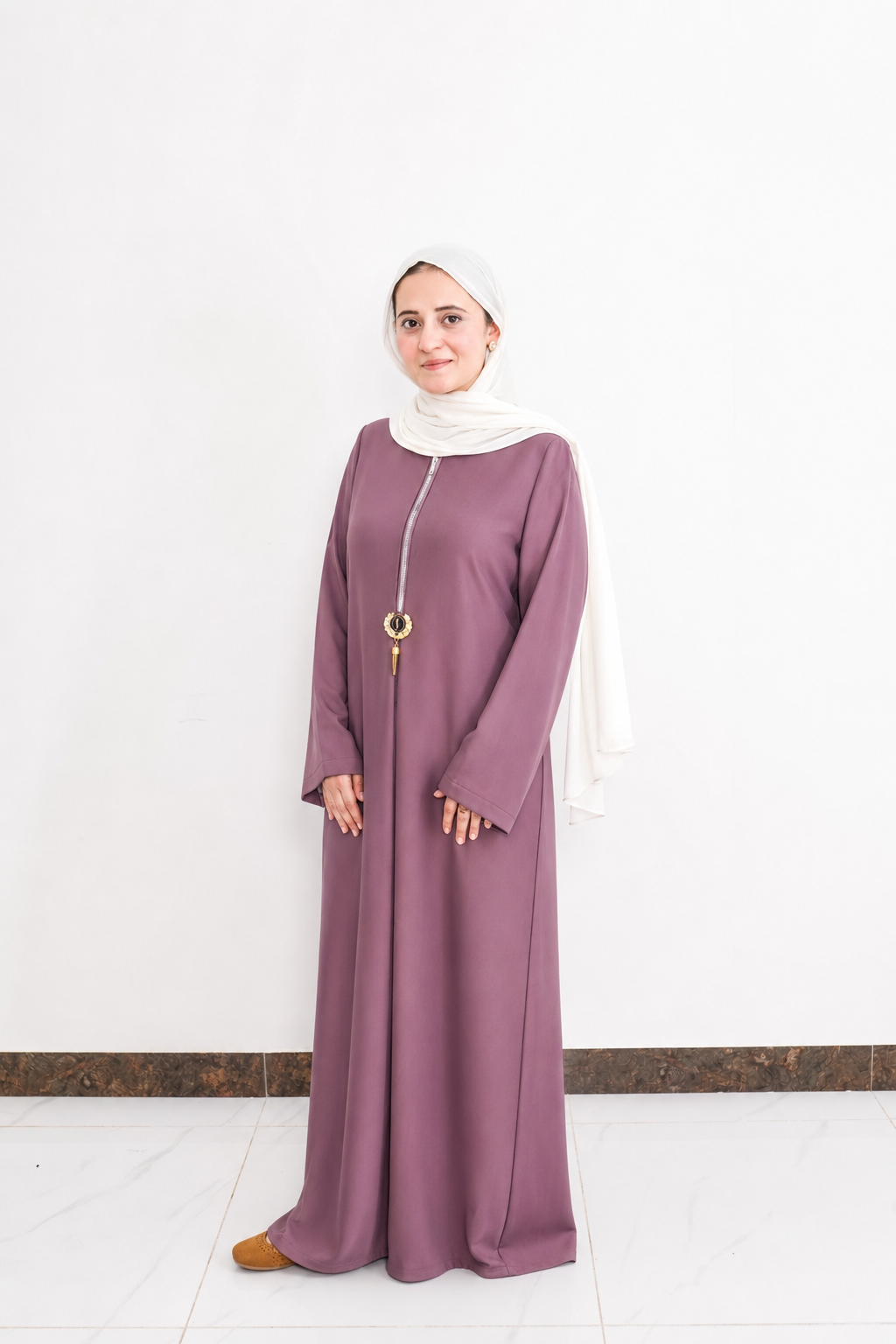 Mauve Zipper Front Embellished Abaya