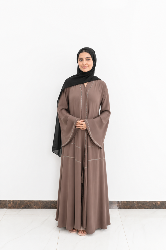Brown Minimalist Abaya with Fine Stone Detailing