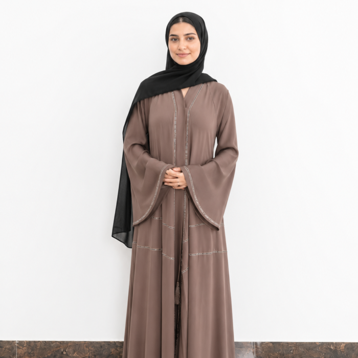 Brown Minimalist Abaya with Fine Stone Detailing