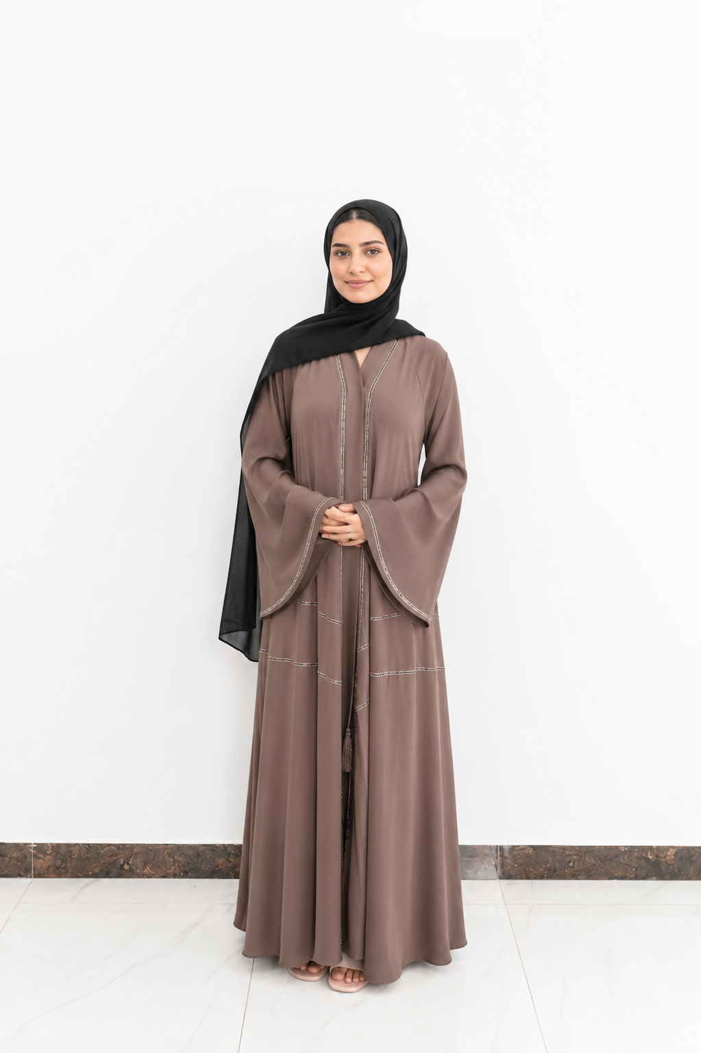 Brown Minimalist Abaya with Fine Stone Detailing