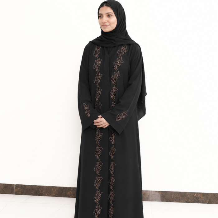 Elegant Black Leaf Patterned Stone Embellished Open Abaya