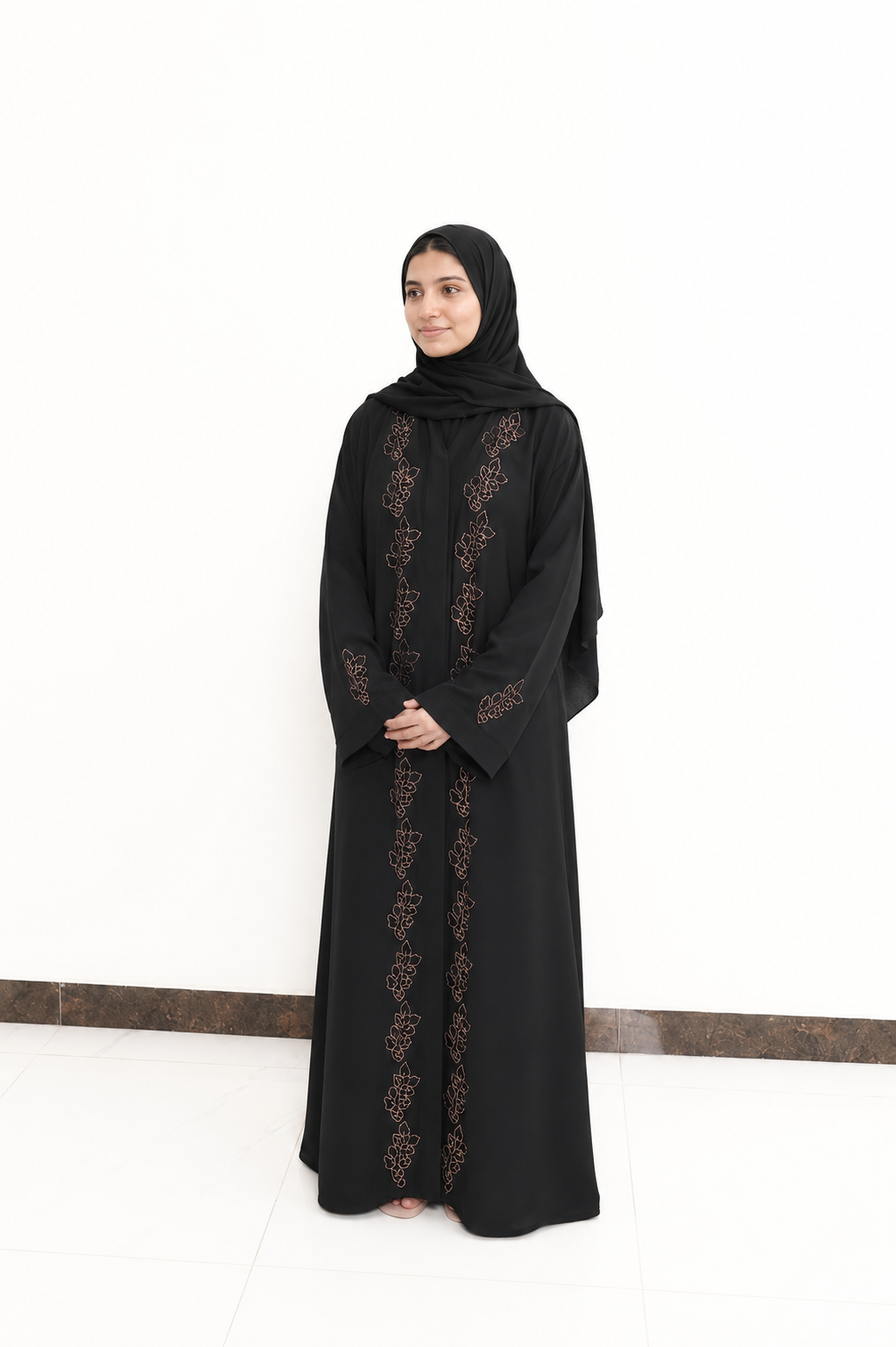 Elegant Black Leaf Patterned Stone Embellished Open Abaya