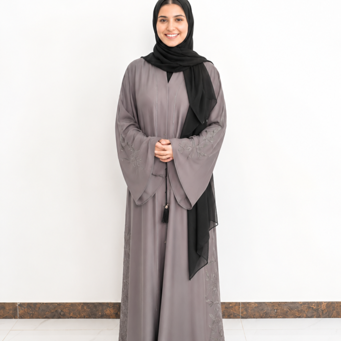 Ethereal Grey Botanical Embroidered Abaya