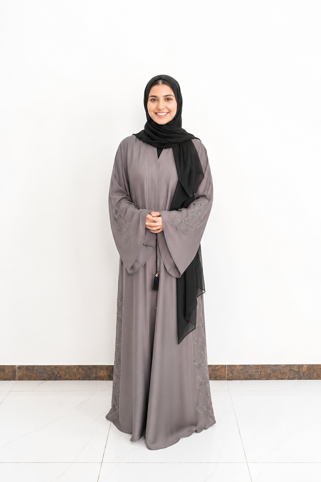 Ethereal Grey Botanical Embroidered Abaya