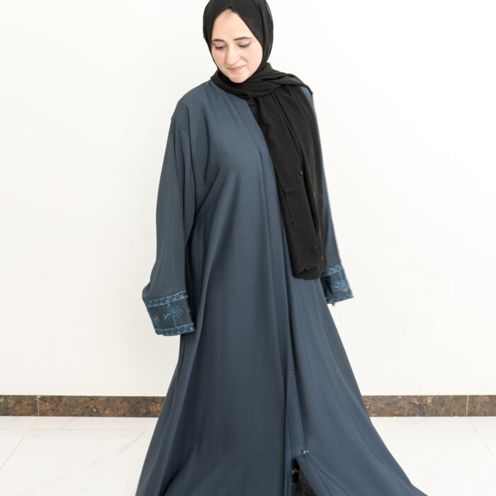 Slate Blue Embroidered Palm Motif Abaya