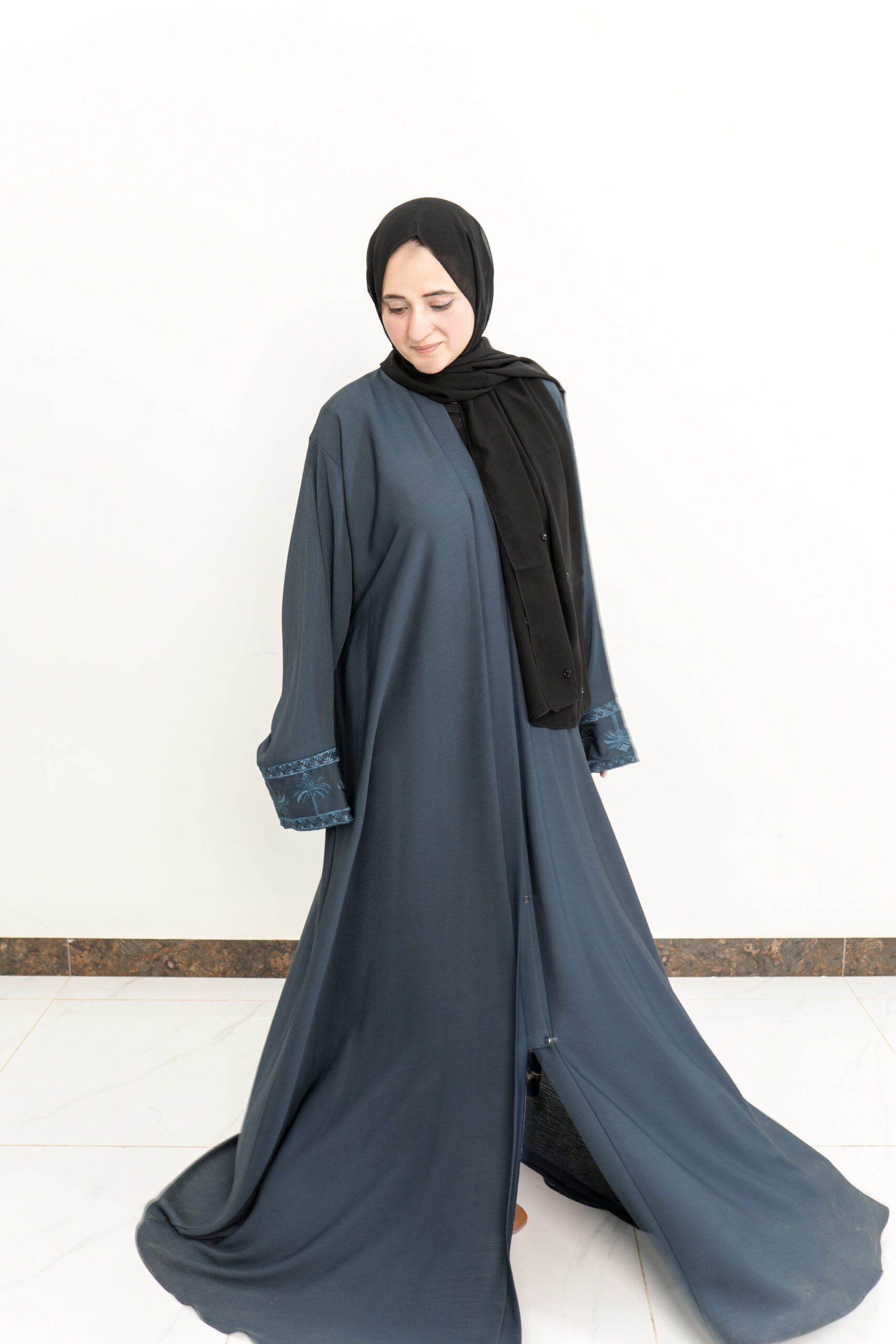 Slate Blue Embroidered Palm Motif Abaya