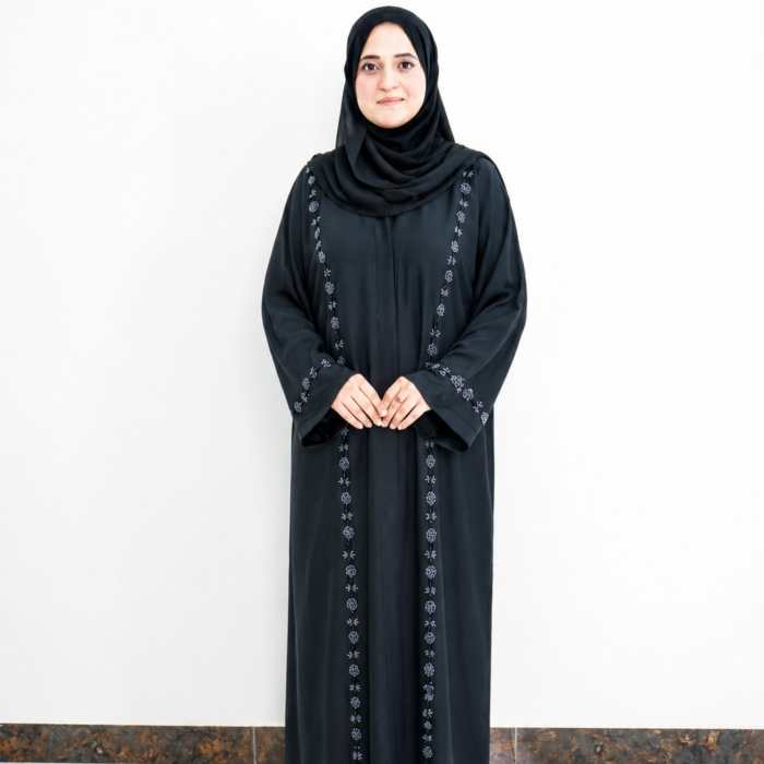 Black Floral Bead Trimmed Open Abaya