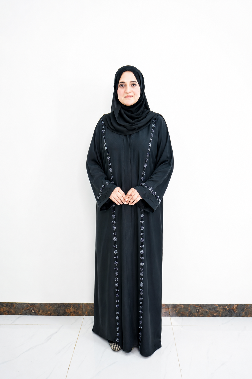 Black Floral Bead Trimmed Open Abaya