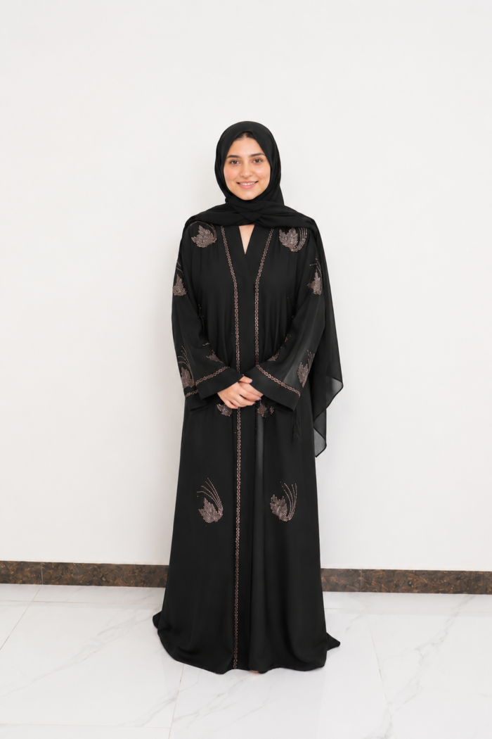 Elegant Black Leaf Patterned Stone Embellished Open Abaya