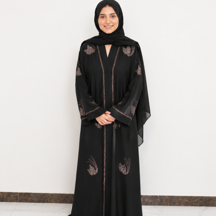 Elegant Black Leaf Patterned Stone Embellished Open Abaya