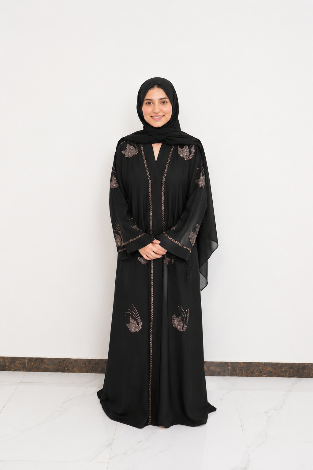 Elegant Black Leaf Patterned Stone Embellished Open Abaya