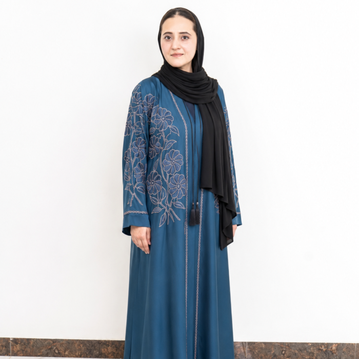 Teal Floral Embroidered Statement Abaya
