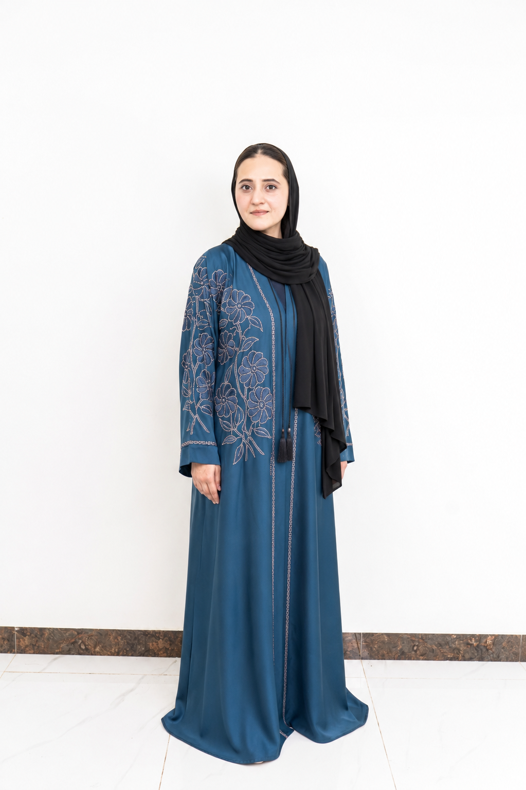 Teal Floral Embroidered Statement Abaya
