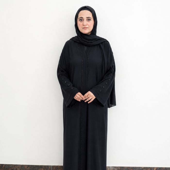 Black Abaya with Floral Beadwork Shoulders
