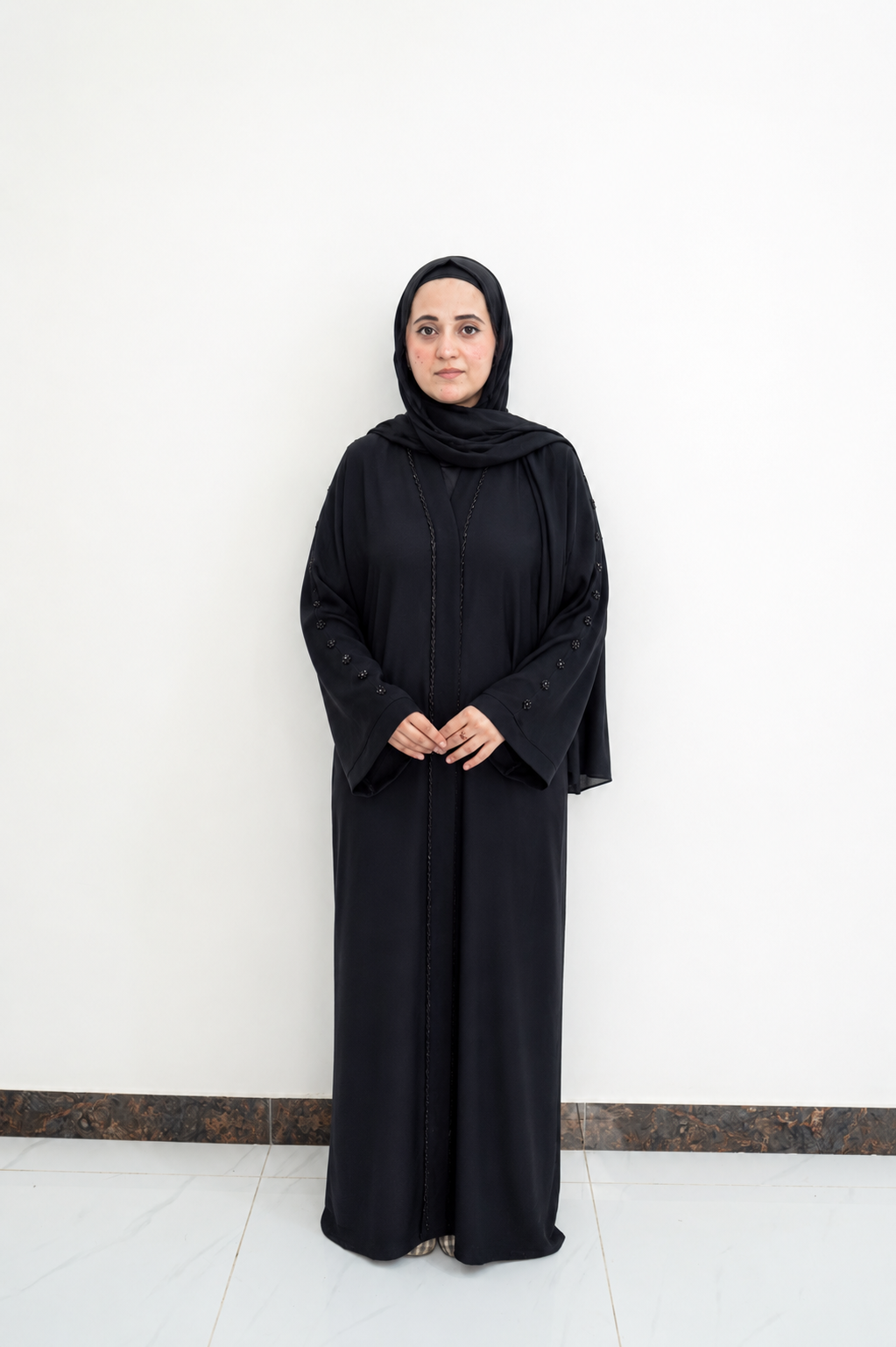 Black Abaya with Floral Beadwork Shoulders