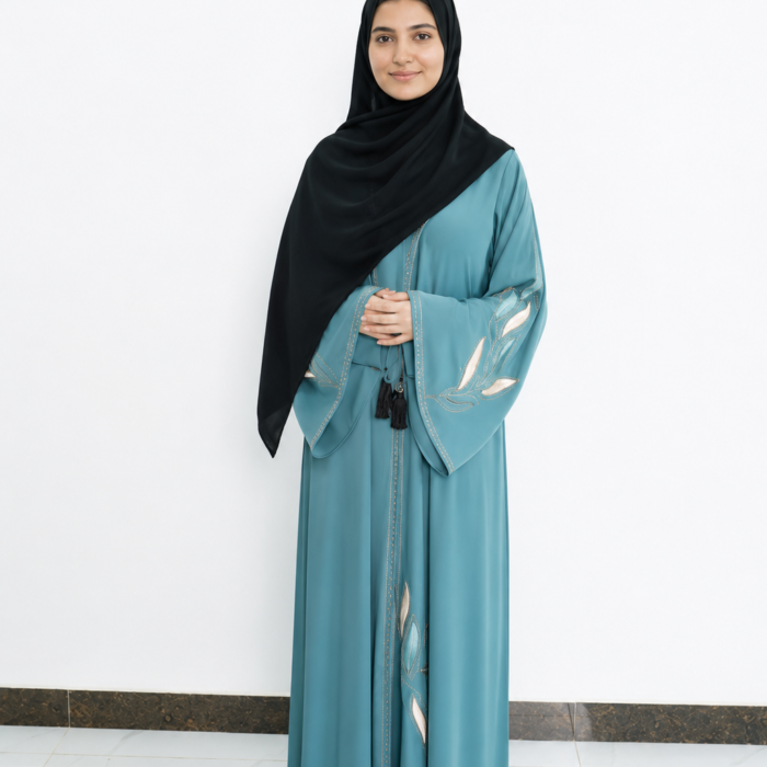 Teal Botanical Stone Embellished Abaya