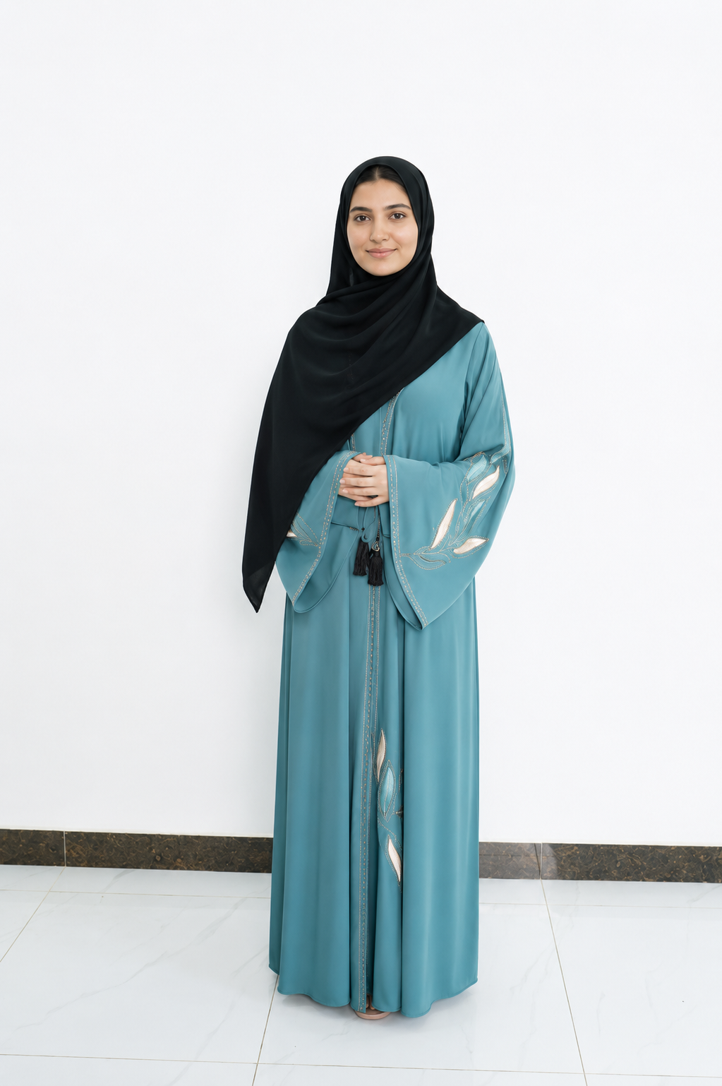 Teal Botanical Stone Embellished Abaya
