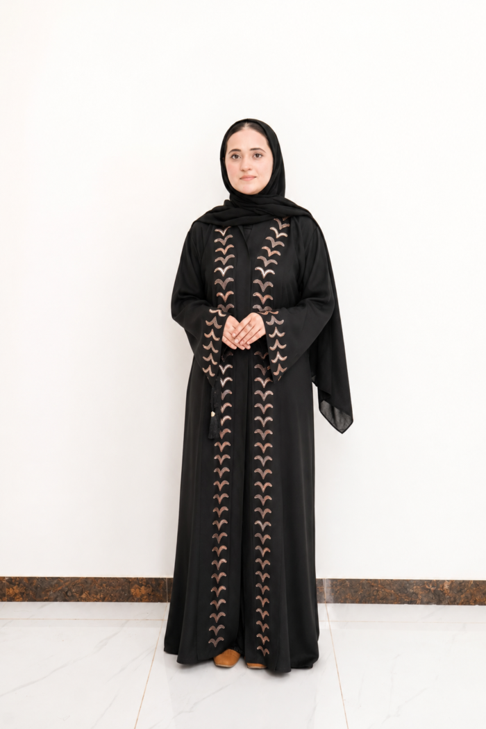 Black Chevron Stone Embellished Open Abaya
