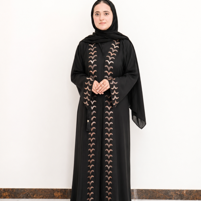 Black Chevron Stone Embellished Open Abaya