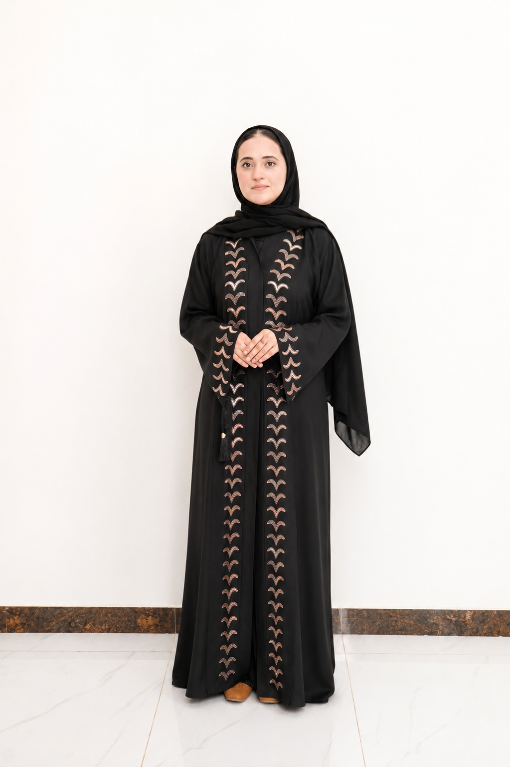Black Chevron Stone Embellished Open Abaya