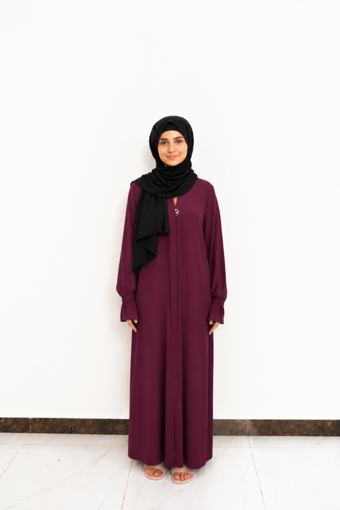 Deep Plum Elastic Cuff Flowing Abaya