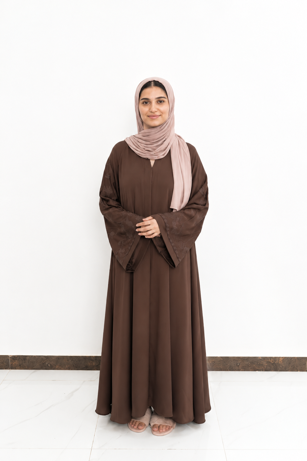 Chocolate Floral Embroidered Abaya