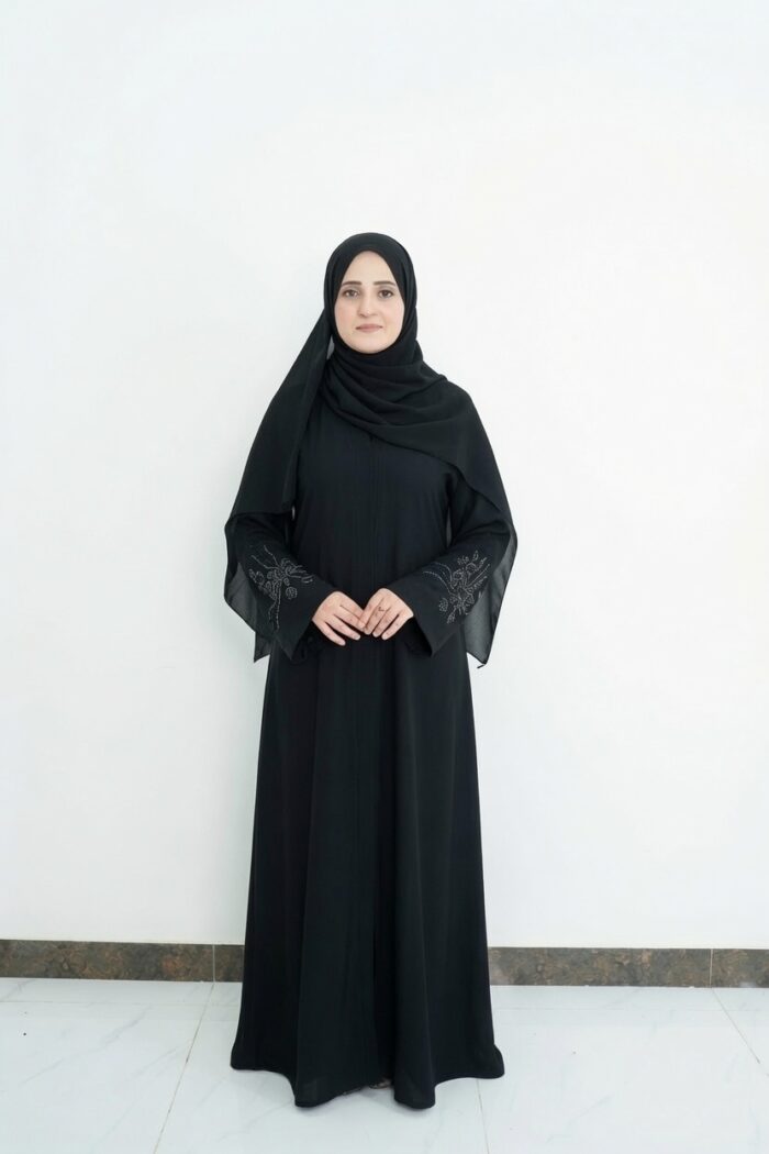 Black Floral Bead-Embroidered Abaya