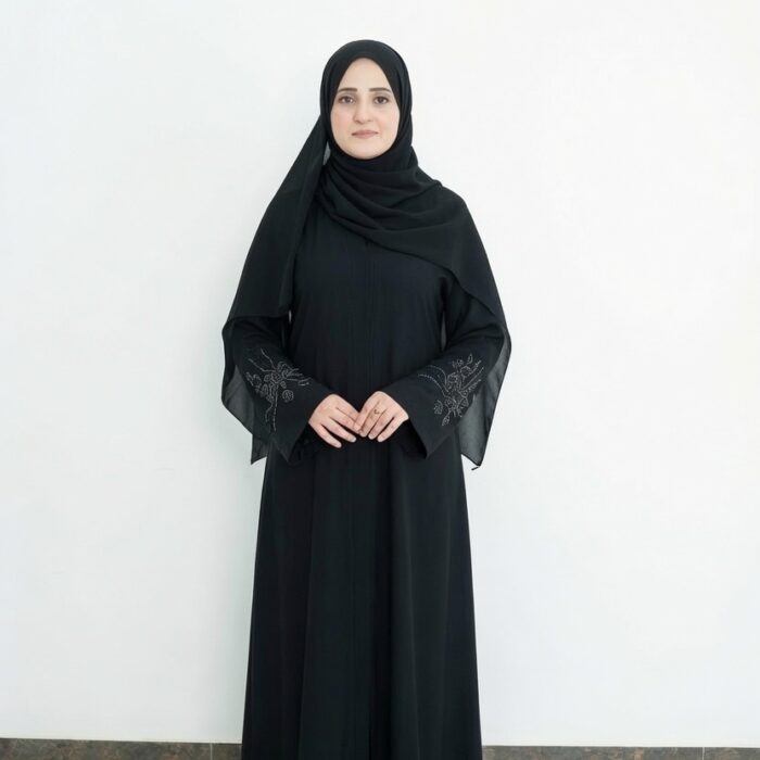 Black Floral Bead-Embroidered Abaya