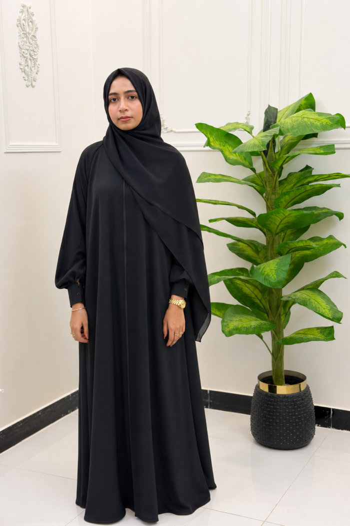 Classic Jet Black Button-Cuff Abaya