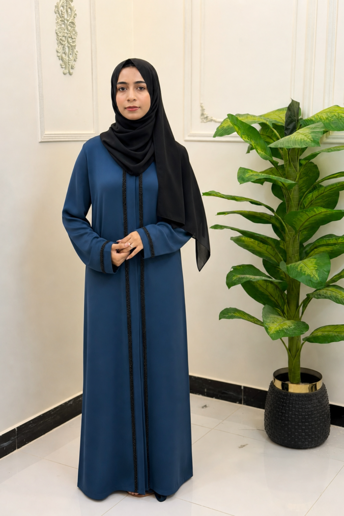 Steel Blue Beaded-Trim Open-Front Abaya