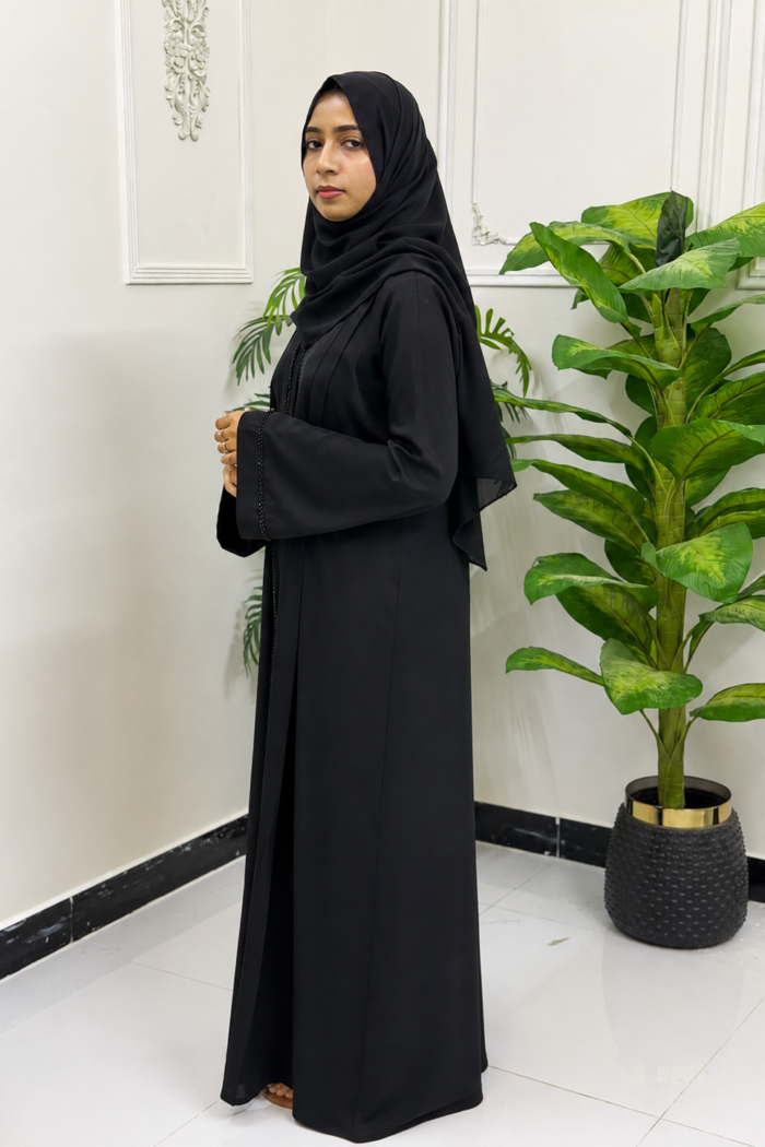 Jet Black Beaded Trim Abaya