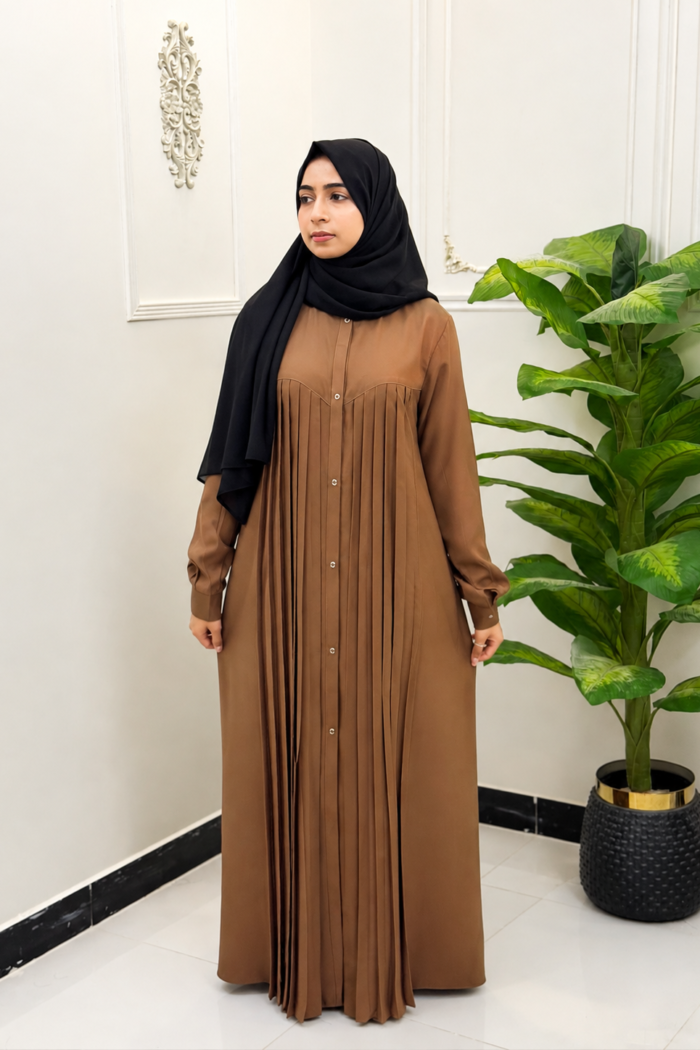 Caramel Brown Front-Pleated Button-Down Abaya