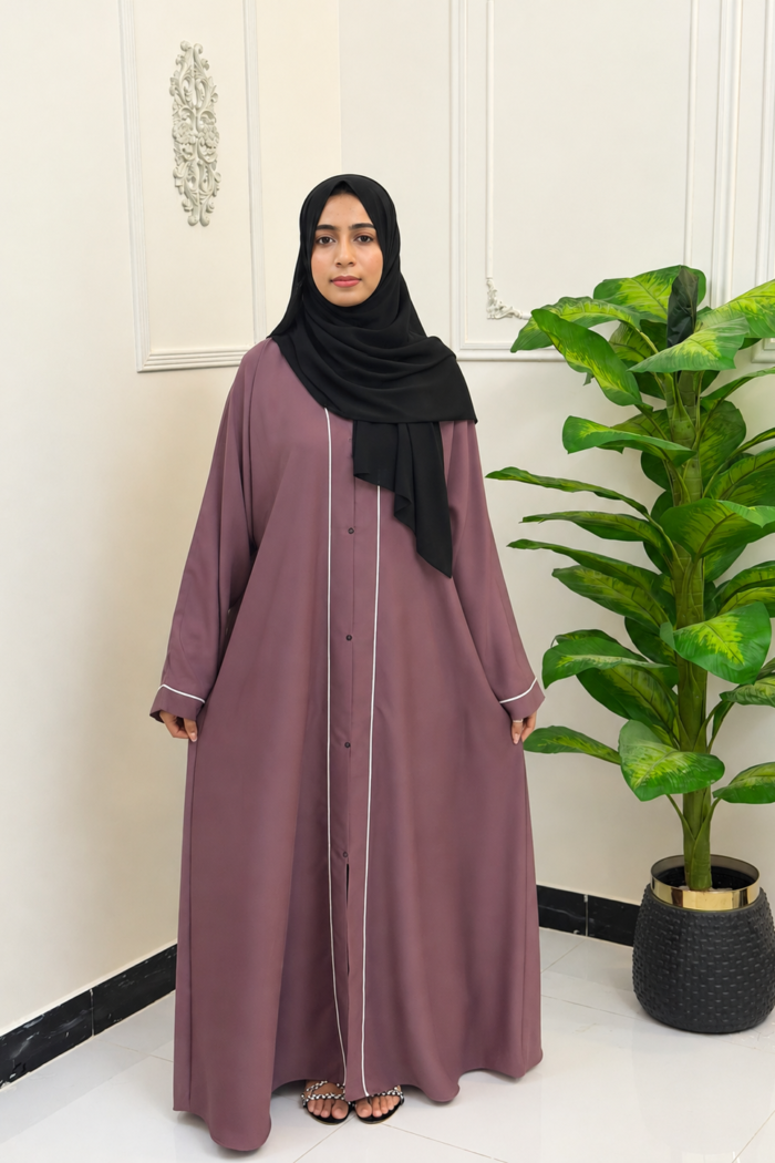 Mauve Piping-Detail Button-Front Abaya